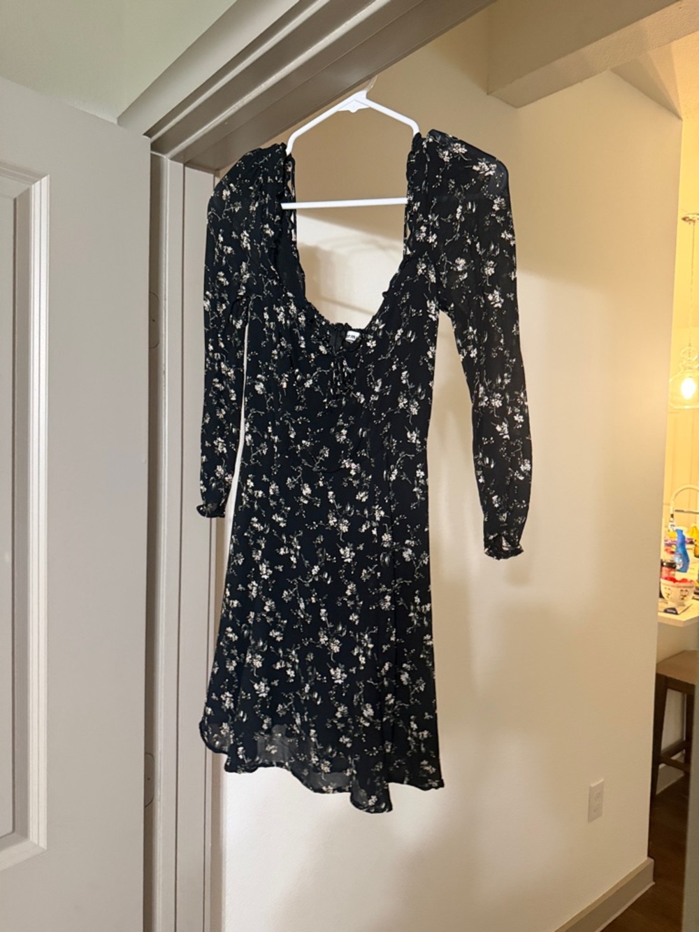 Reformation Black Floral Mini Dress with Ruffle V-Neck